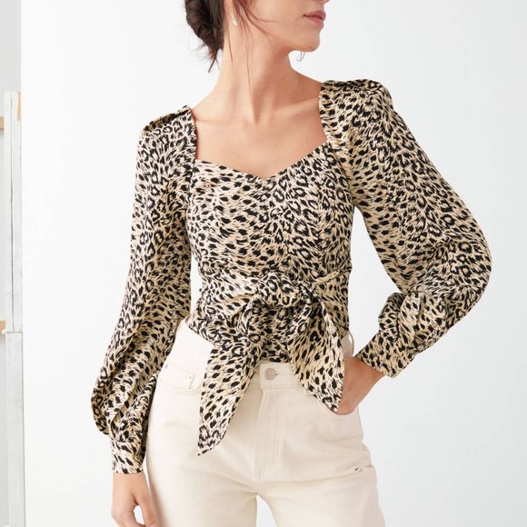 & Other Stories Leopard Print Sweetheart Neckline Long Puff Sleeve Blouse - Picture 1 of 8